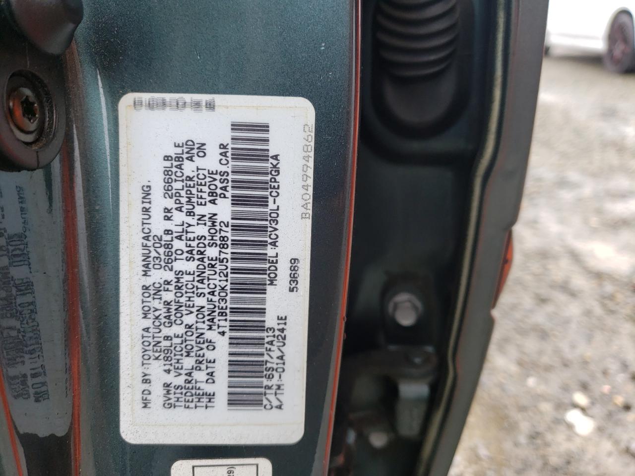 Photo 10 from auction – 2002 TOYOTA CAMRY LE with VIN 4T1BE30K12U578872