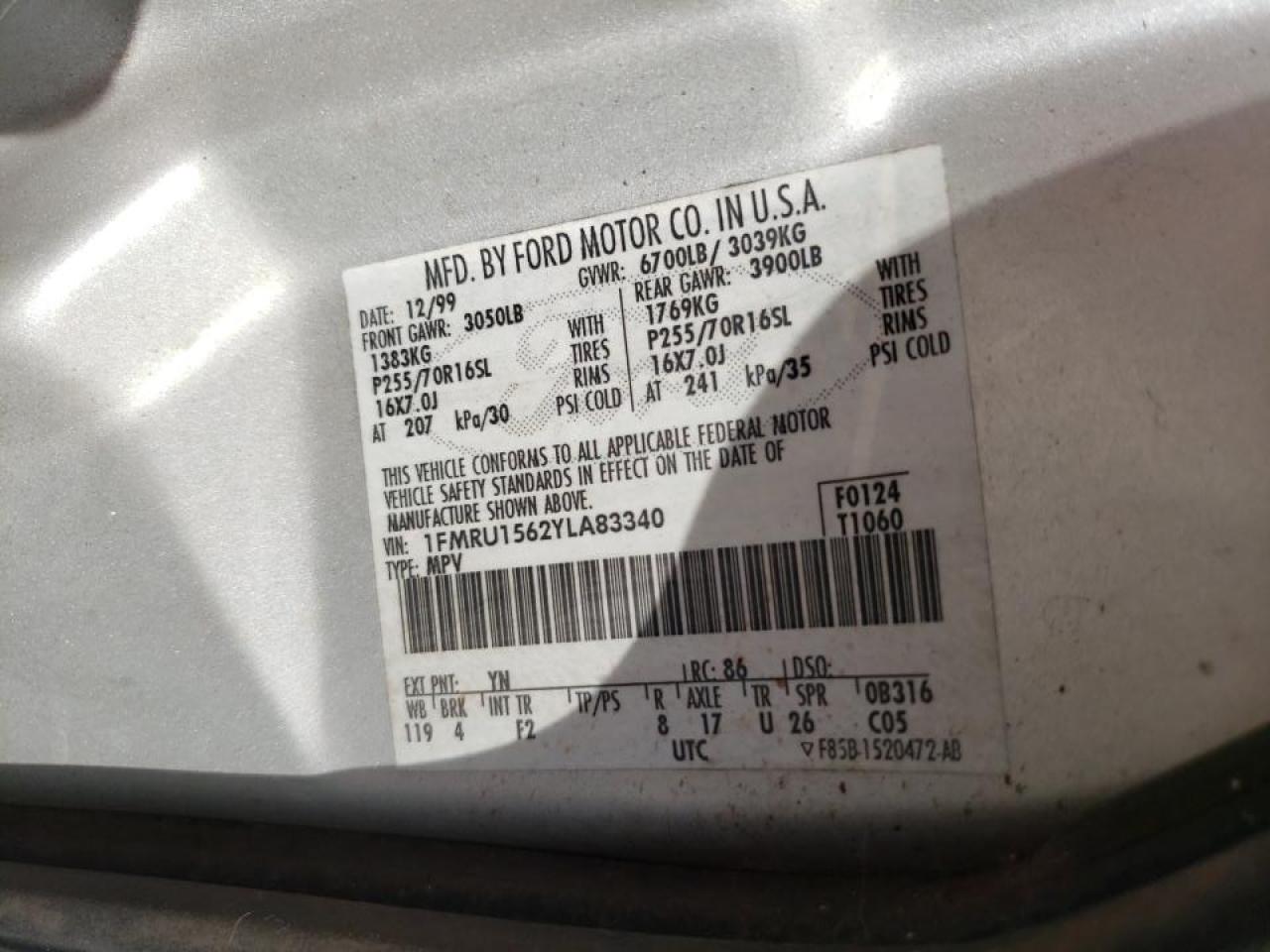 Photo 10 from auction – 2000 FORD EXPEDITION with VIN 1FMRU1562YLA83340