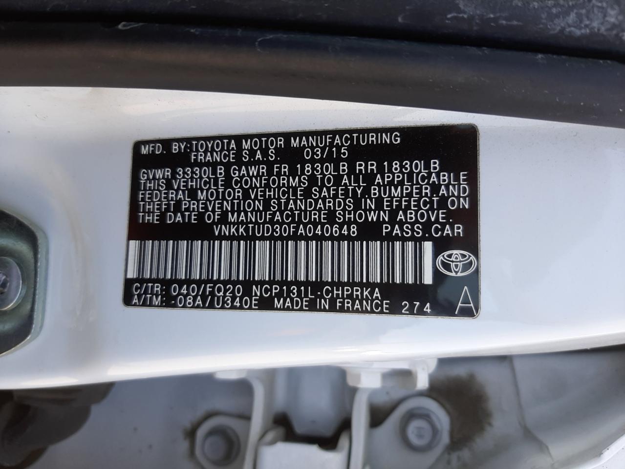 Photo 10 from auction – 2015 TOYOTA YARIS with VIN VNKKTUD30FA040648