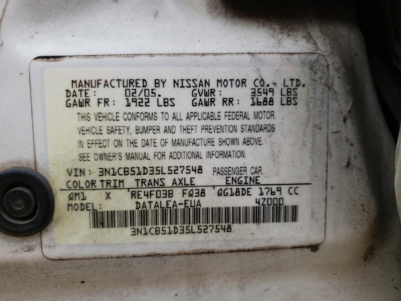 Photo 20 from auction – 2005 NISSAN SENTRA with VIN 3N1CB51D35L527548