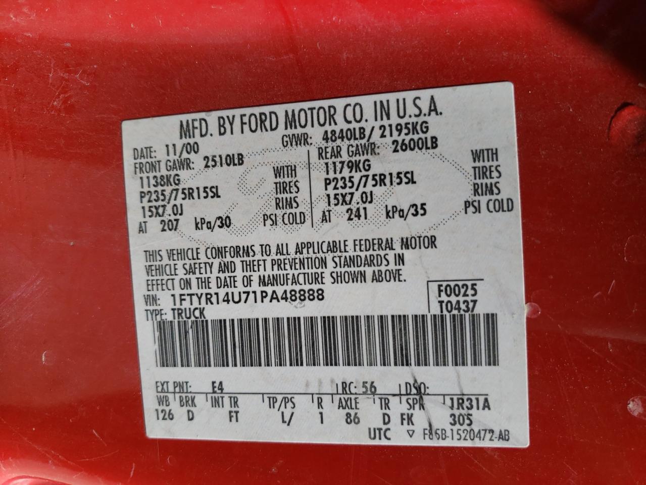 Photo 10 from auction – 2001 FORD RANGER SUP with VIN 1FTYR14U71PA48888