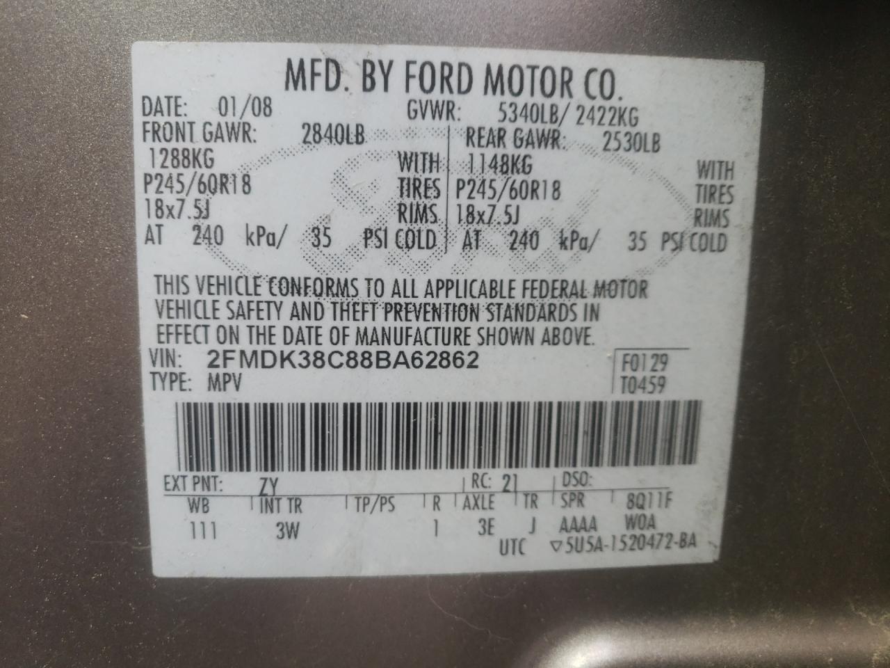 Photo 10 from auction – 2008 FORD EDGE SEL with VIN 2FMDK38C88BA62862