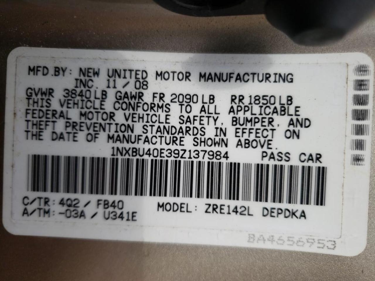 Photo 10 from auction – 2009 TOYOTA COROLLA BA with VIN 1NXBU40E39Z137984