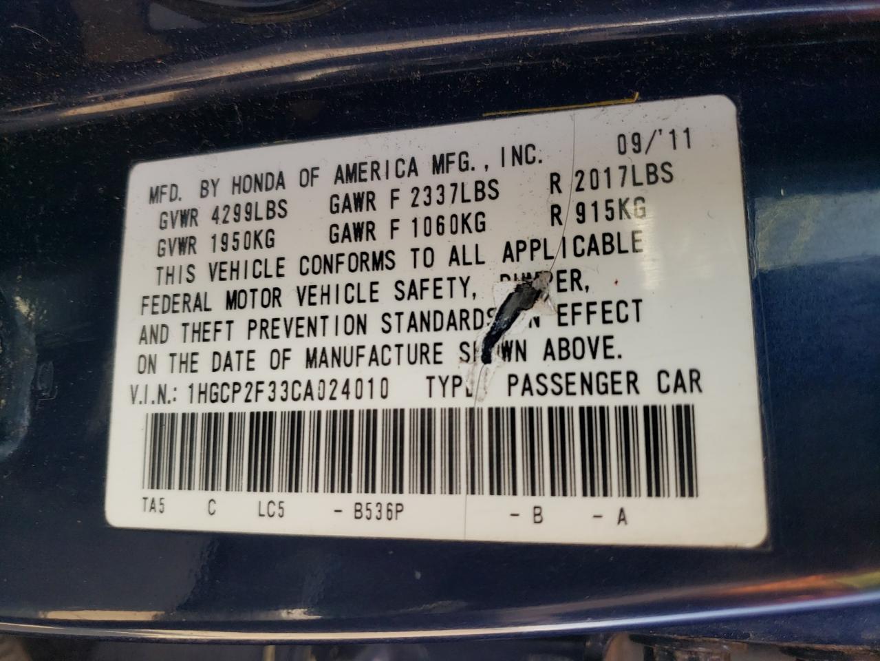 Photo 10 from auction – 2012 HONDA ACCORD LX with VIN 1HGCP2F33CA024010
