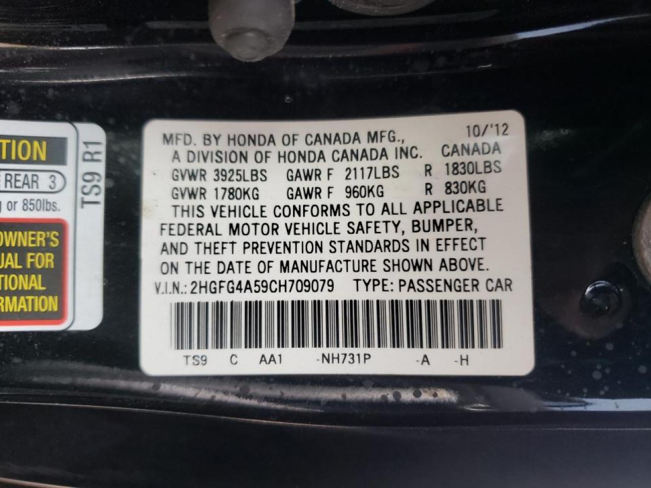 Photo 10 from auction – 2012 HONDA CIVIC SI with VIN 2HGFG4A59CH709079