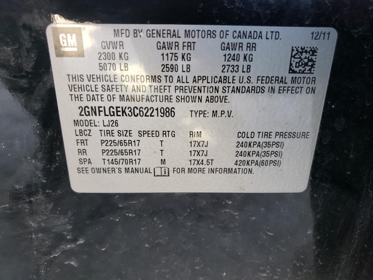 Photo 10 from auction – 2012 CHEVROLET EQUINOX LT with VIN 2GNFLGEK3C6221986