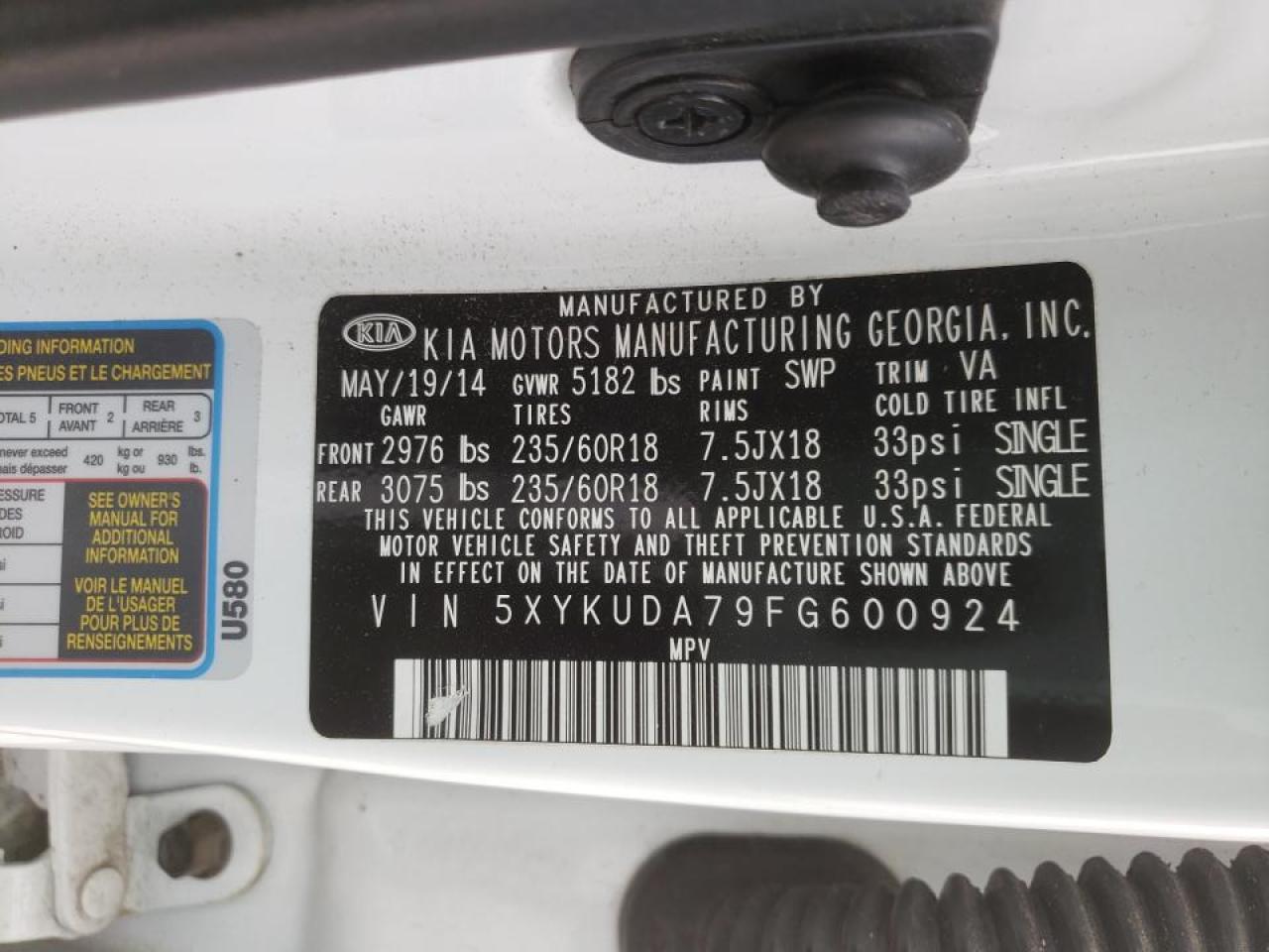 Photo 10 from auction – 2015 KIA SORENTO EX with VIN 5XYKUDA79FG600924