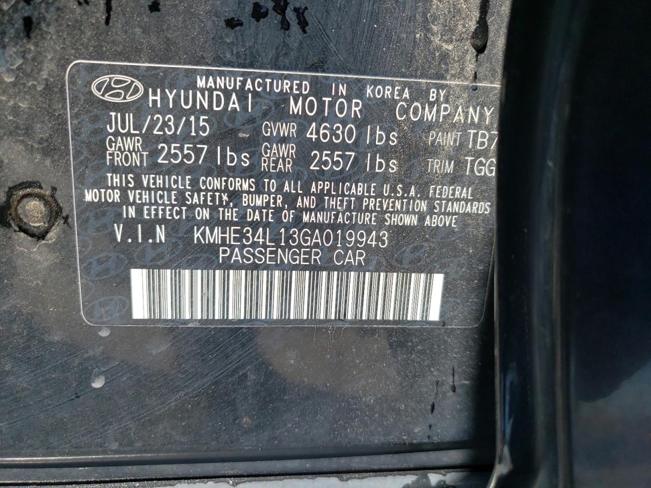 Photo 10 from auction – 2016 HYUNDAI SONATA HYB with VIN KMHE34L13GA019943