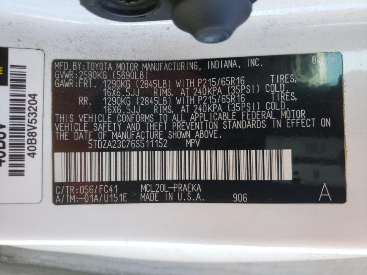 Photo 10 from auction – 2006 TOYOTA SIENNA CE with VIN 5TDZA23C76S511152