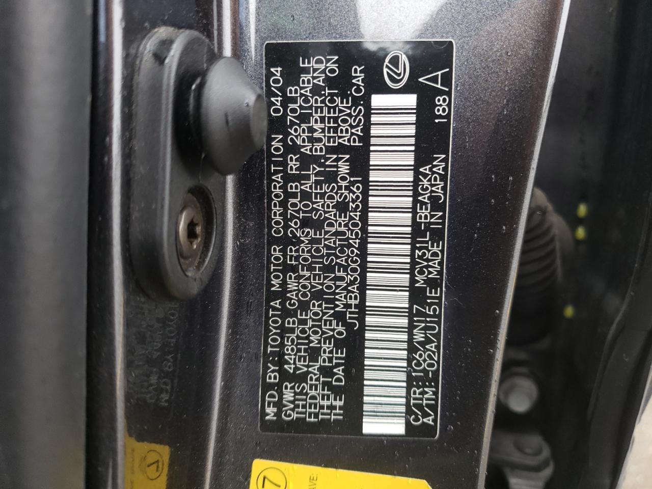Photo 10 from auction – 2004 LEXUS ES 330 with VIN JTHBA30G945043361
