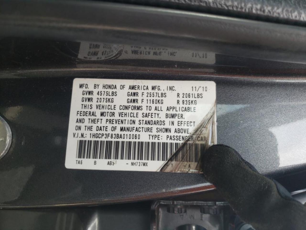 Photo 10 from auction – 2011 HONDA ACCORD EXL with VIN 1HGCP3F83BA010060