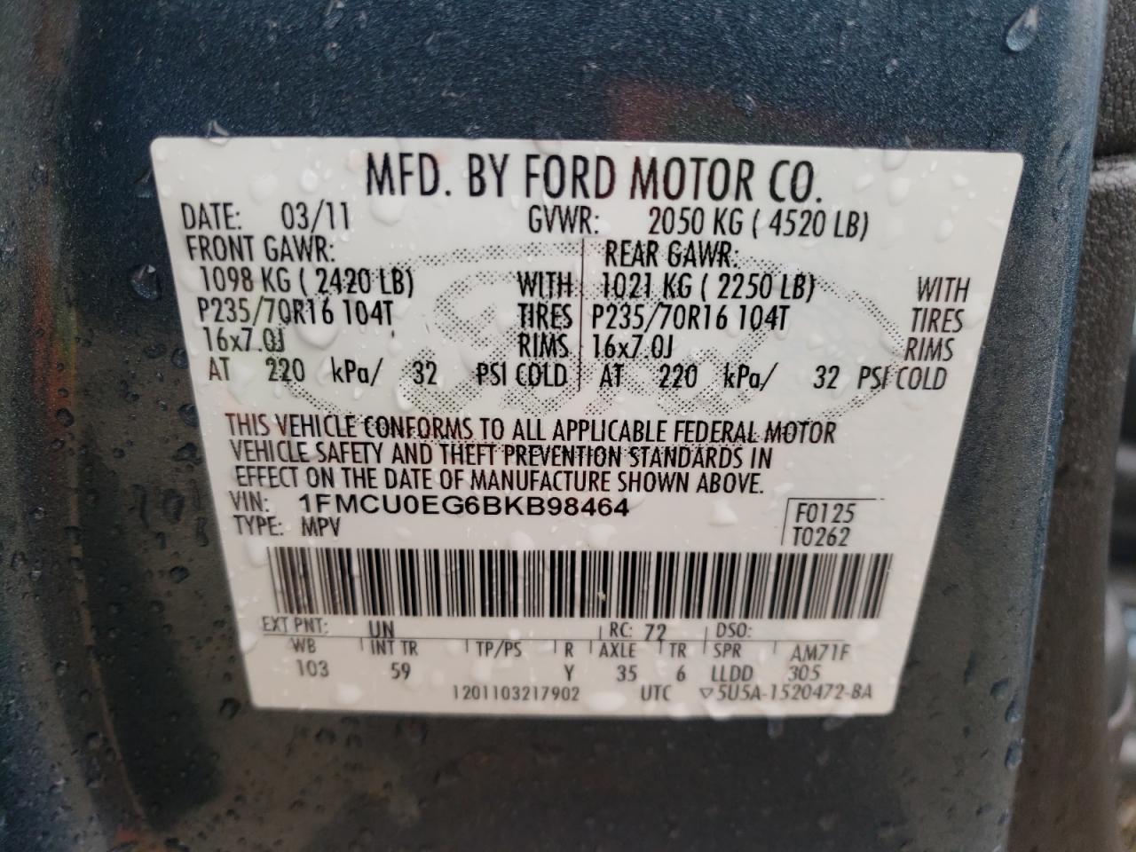 Photo 10 from auction – 2011 FORD ESCAPE LIM with VIN 1FMCU0EG6BKB98464