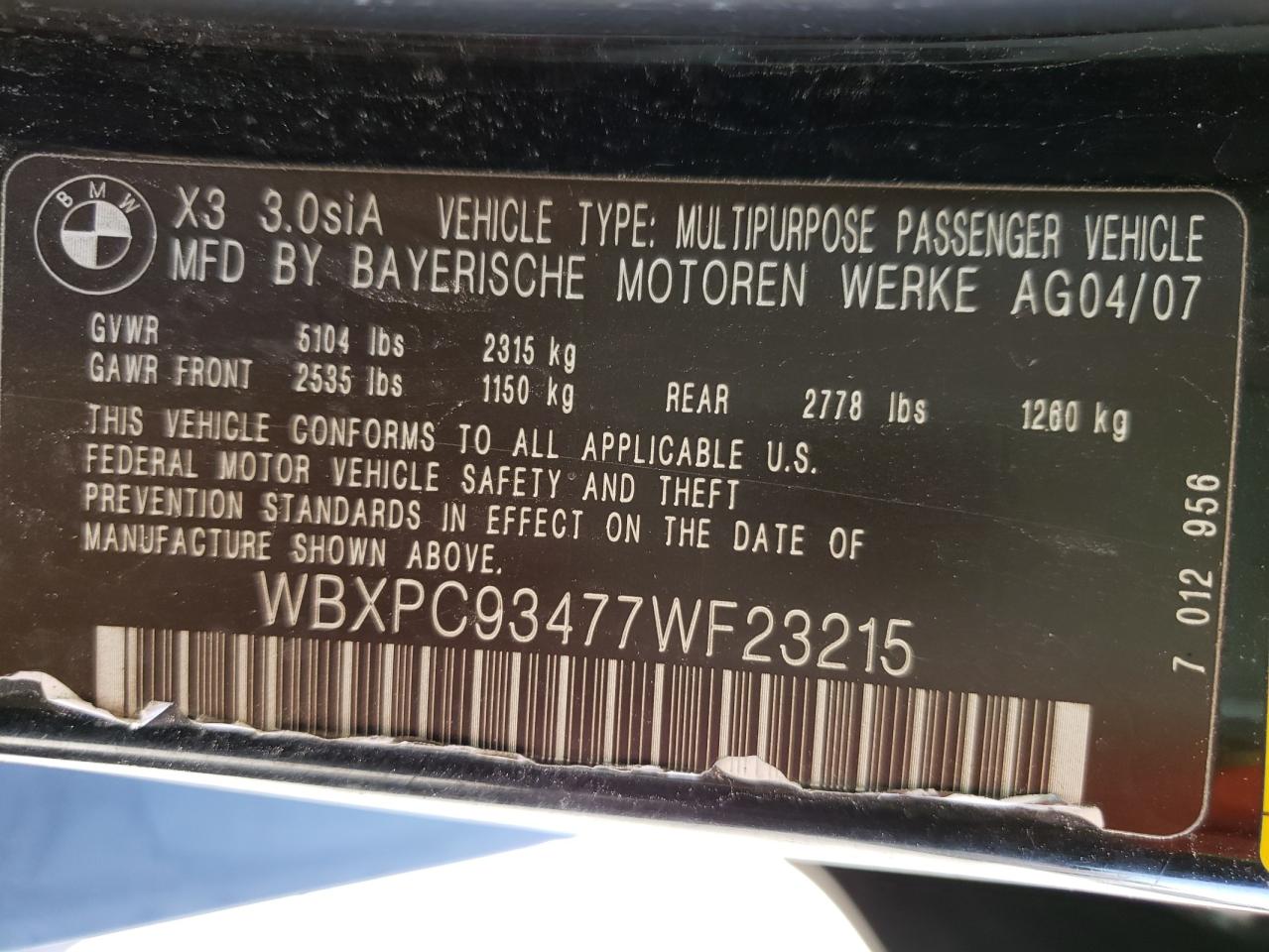 Photo 10 from auction – 2007 BMW X3 3.0SI with VIN WBXPC93477WF23215