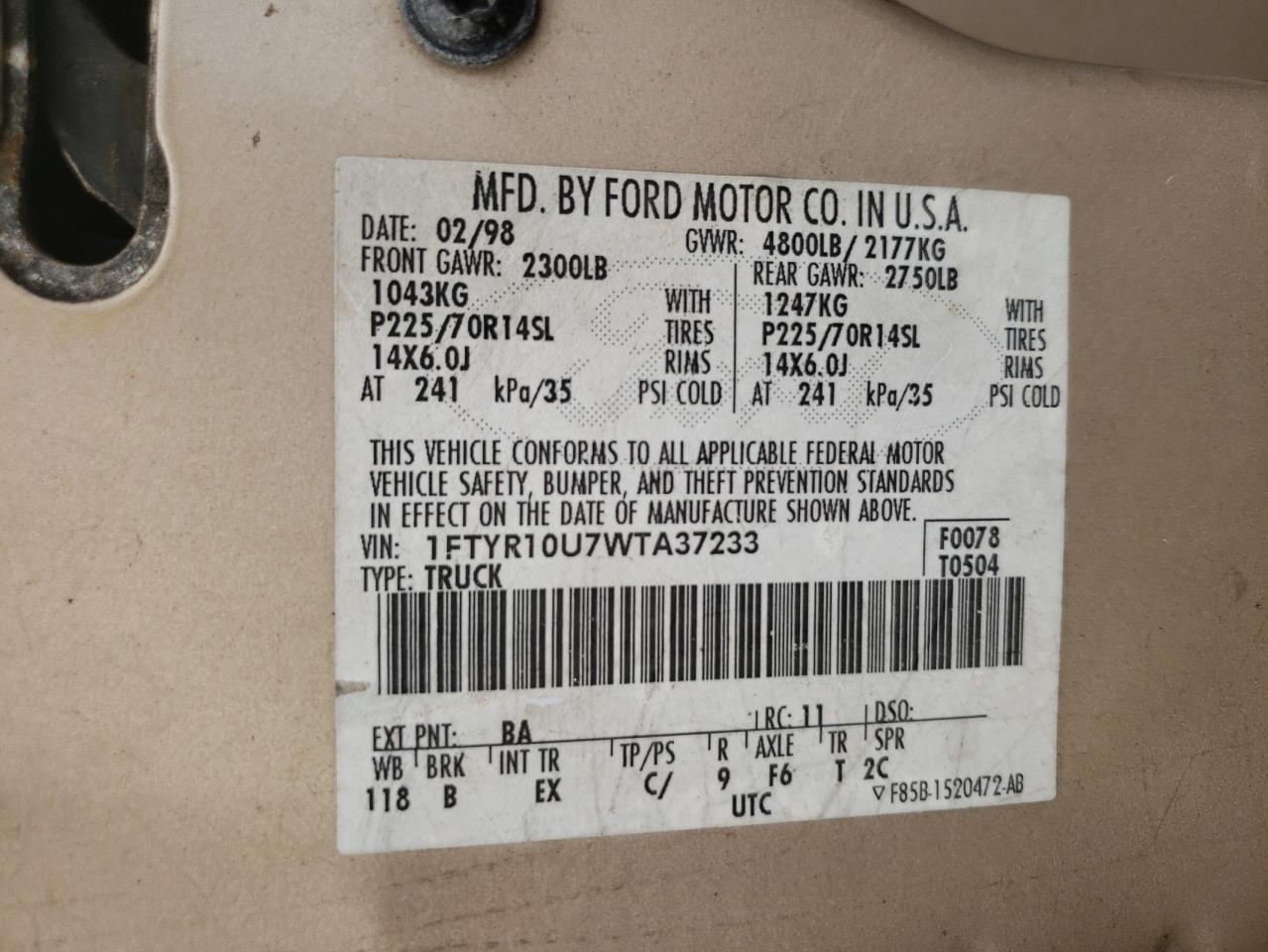 Zdjęcie 10 z aukcji – 1998 FORD RANGER z VIN 1FTYR10U7WTA37233