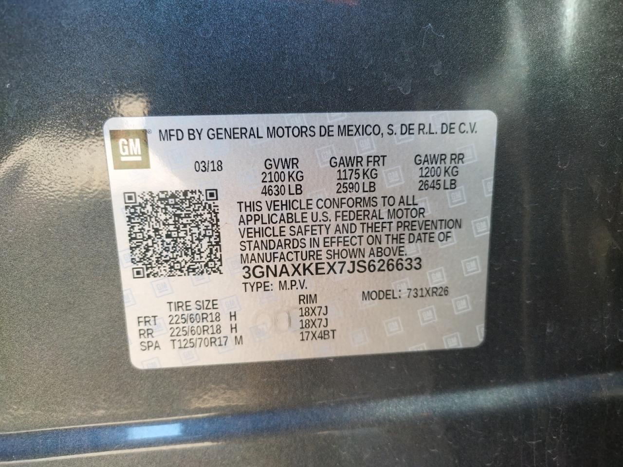 Photo 10 from auction – 2018 CHEVROLET EQUINOX LT with VIN 3GNAXKEX7JS626633