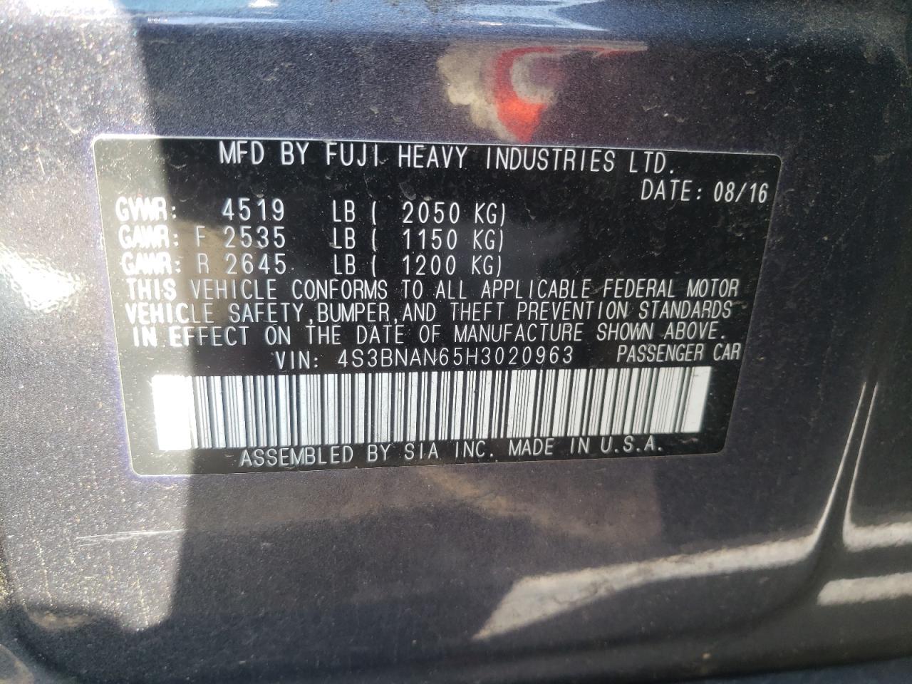 Photo 10 from auction – 2017 SUBARU LEGACY 2.5 with VIN 4S3BNAN65H3020963