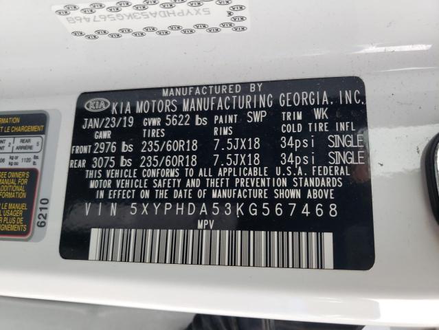 Photo 10 from auction – 2019 KIA SORENTO EX with VIN 5XYPHDA53KG567468