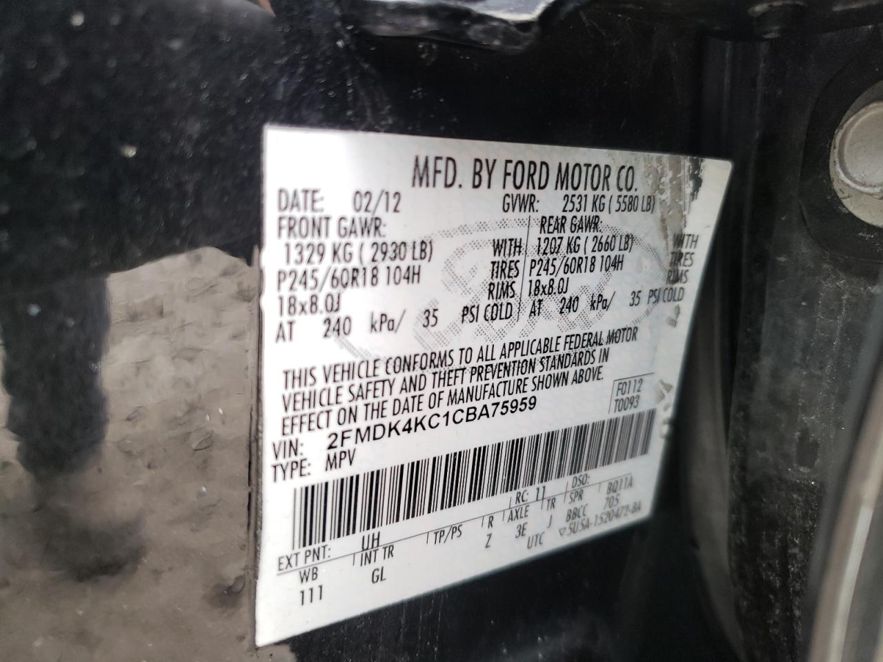 Photo 10 from auction – 2012 FORD EDGE LIMIT with VIN 2FMDK4KC1CBA75959