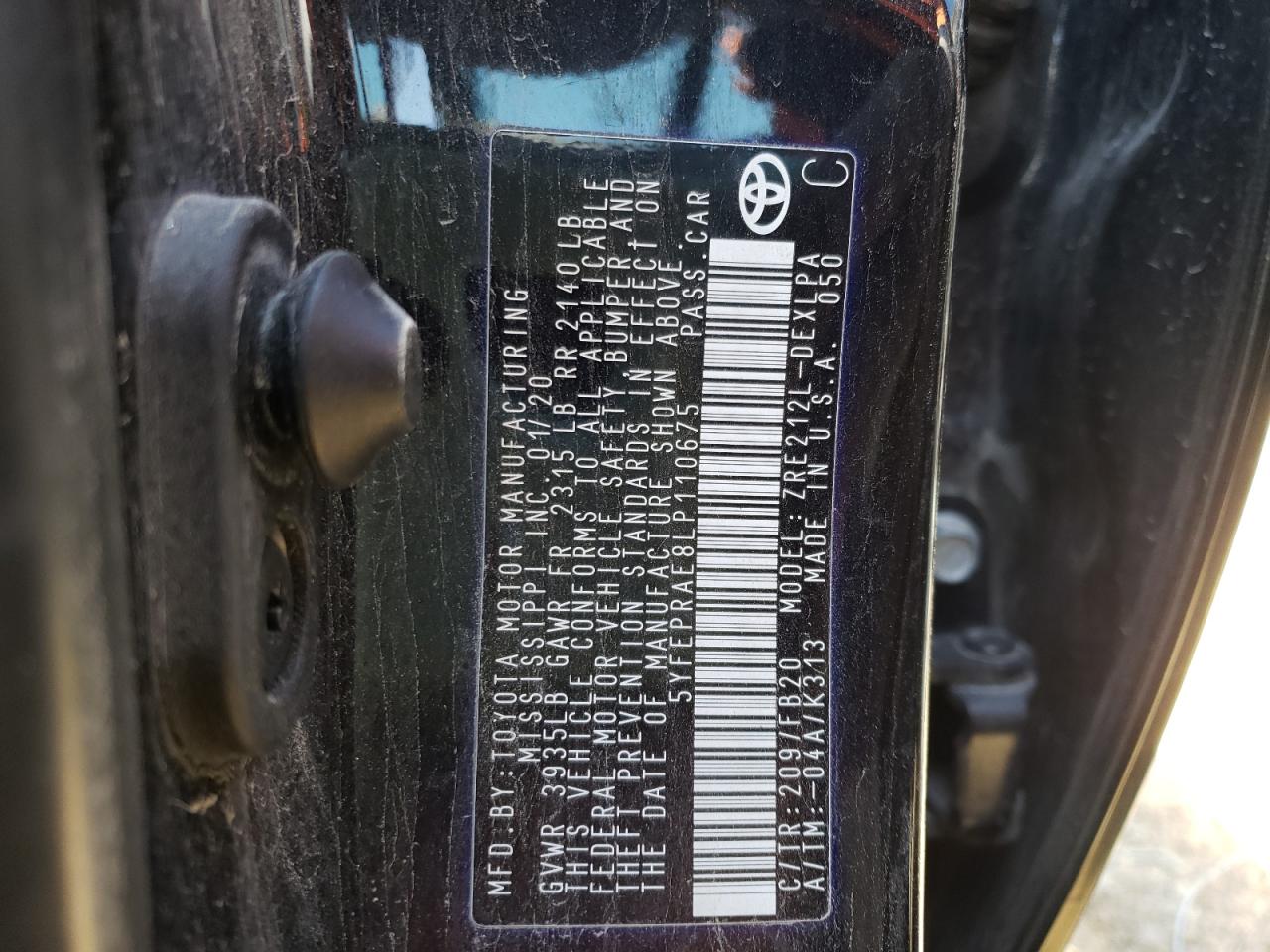 Photo 10 from auction – 2020 TOYOTA COROLLA LE with VIN 5YFEPRAE8LP110675