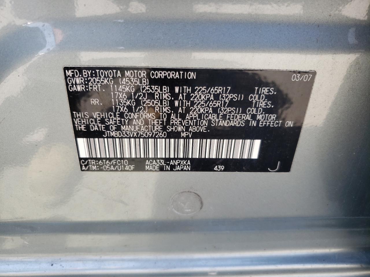 Photo 10 from auction – 2007 TOYOTA RAV4 with VIN JTMBD33VX75097260