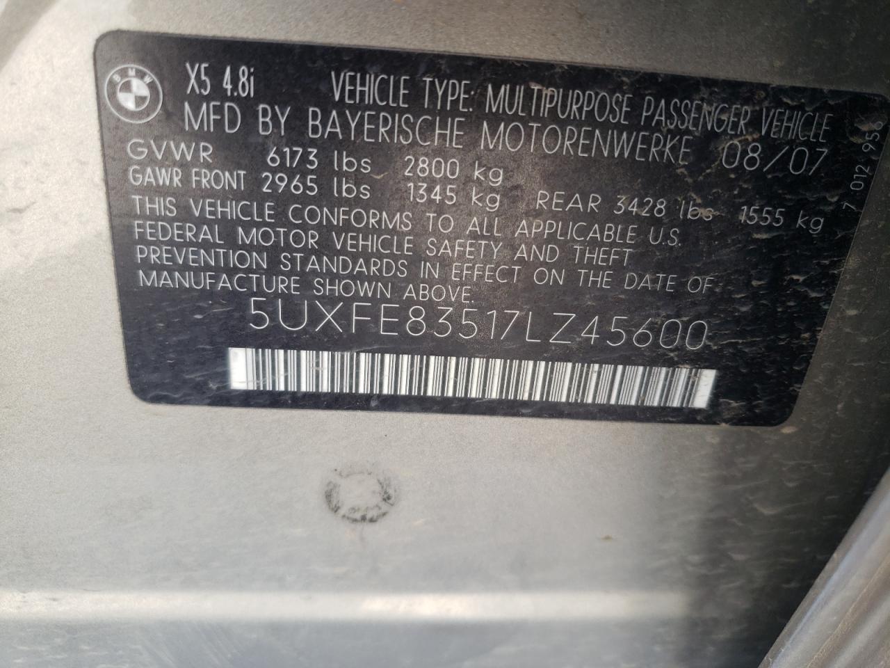 Photo 10 from auction – 2007 BMW X5 4.8I with VIN 5UXFE83517LZ45600