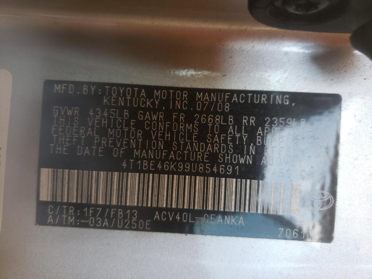 Photo 10 from auction – 2009 TOYOTA CAMRY BASE with VIN 4T1BE46K99U854691