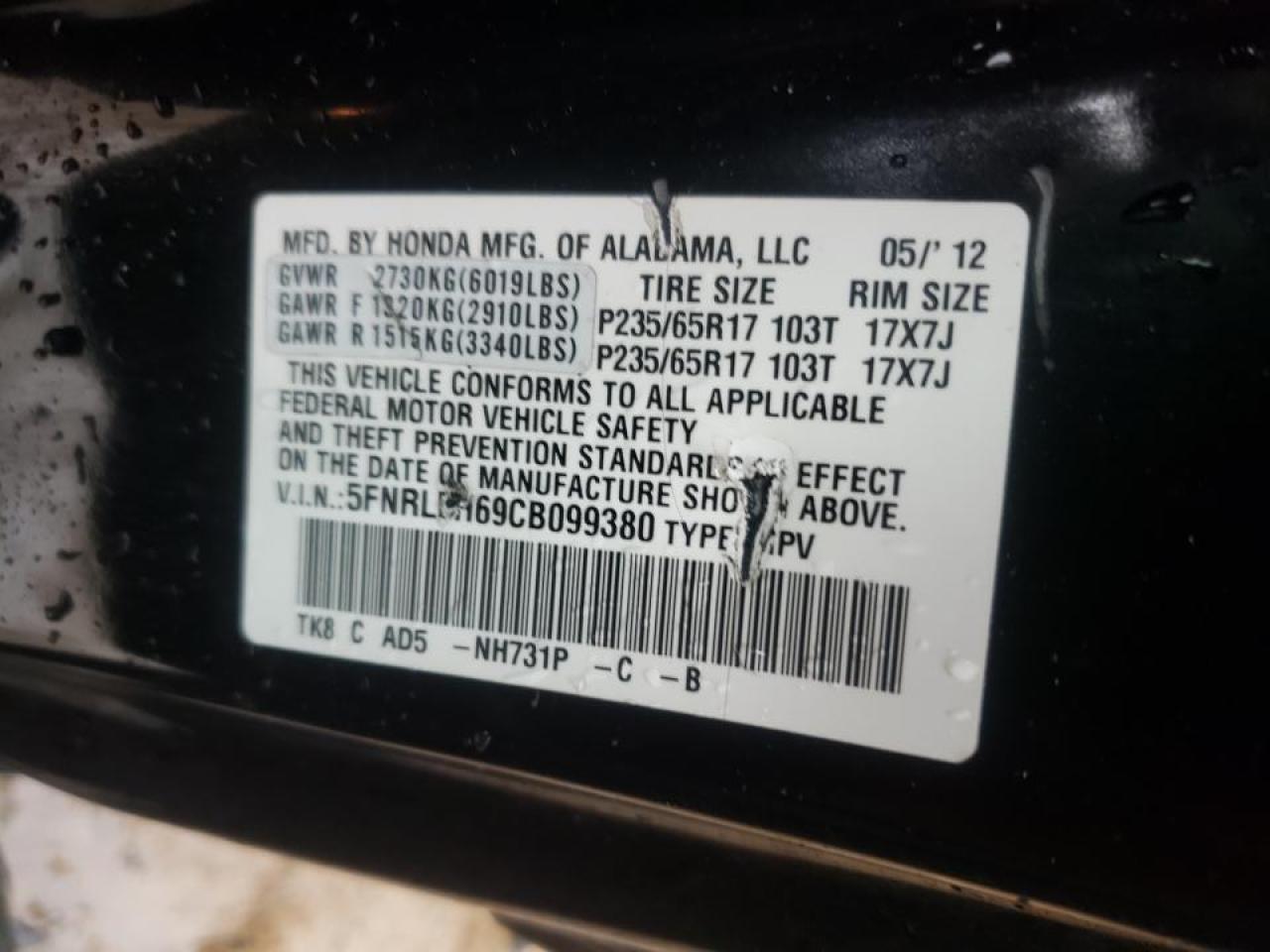 Photo 10 from auction – 2012 HONDA ODYSSEY EX with VIN 5FNRL5H69CB099380