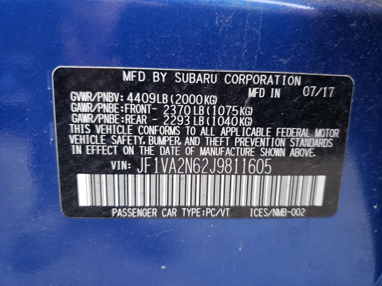 Photo 10 from auction – 2018 SUBARU WRX STI with VIN JF1VA2N62J9811605