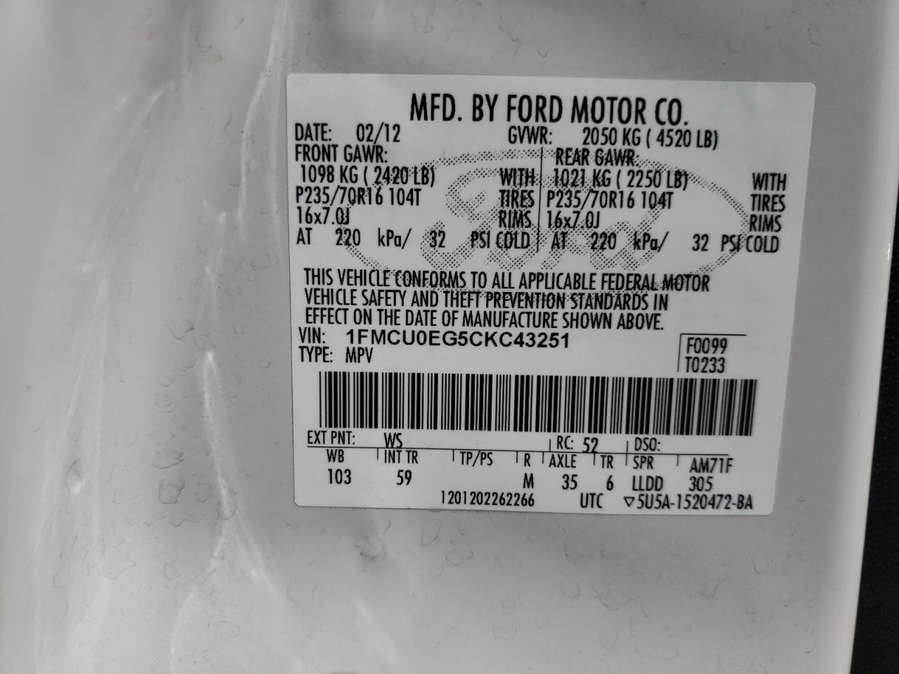 صورة رقم 10 من المزاد - 2012 FORD ESCAPE LIM مع VIN 1FMCU0EG5CKC43251