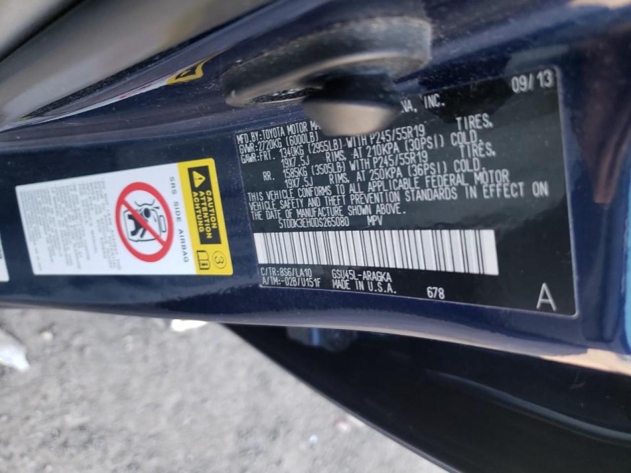 Photo 10 from auction – 2013 TOYOTA HIGHLANDER with VIN 5TDDK3EH0DS265080
