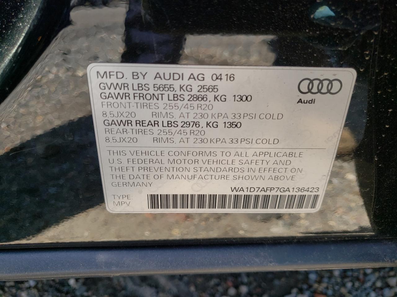 Photo 10 from auction – 2016 AUDI Q5 PREMIUM with VIN WA1D7AFP7GA136423