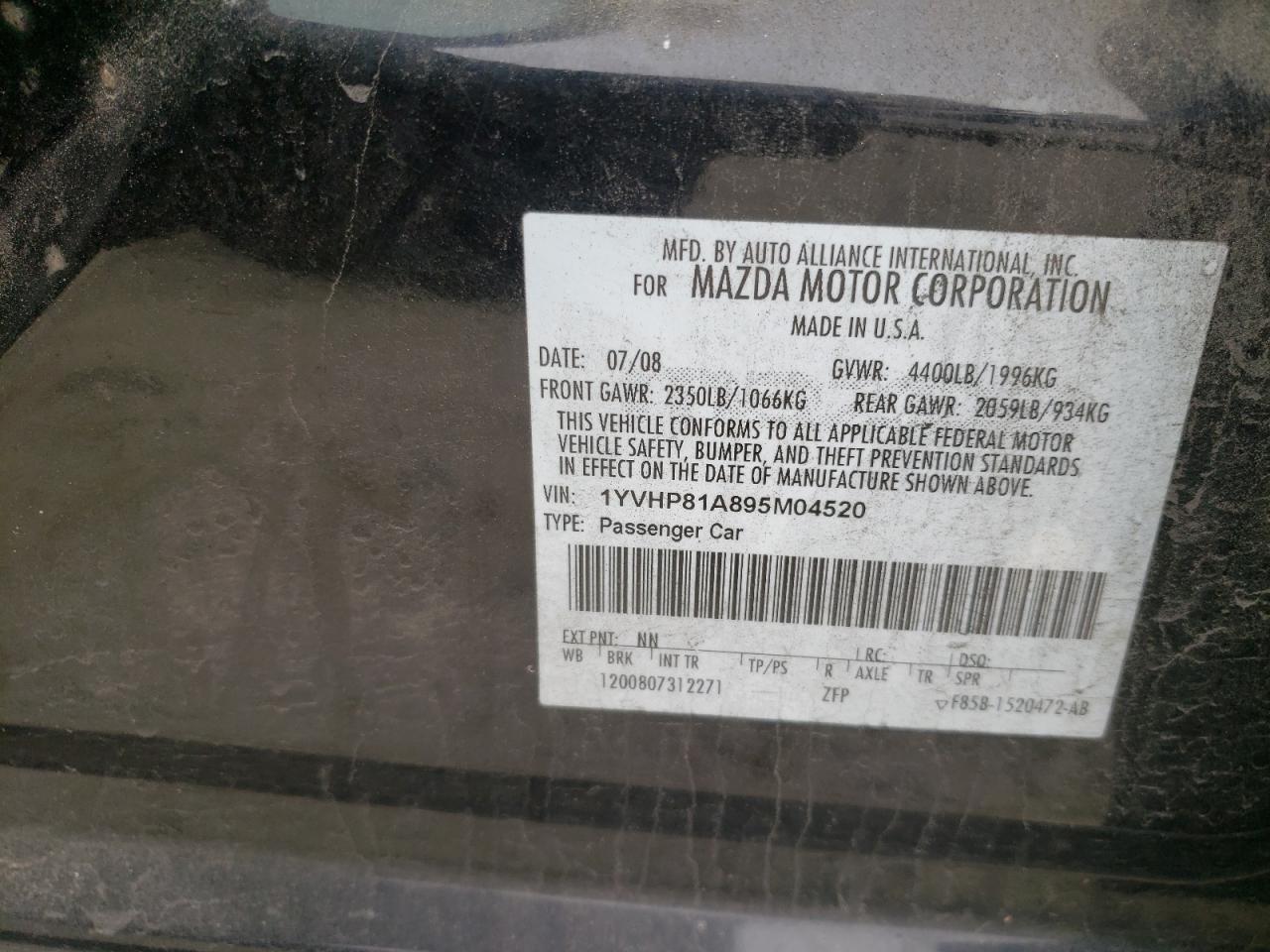 Photo 10 from auction – 2009 MAZDA 6 I with VIN 1YVHP81A895M04520