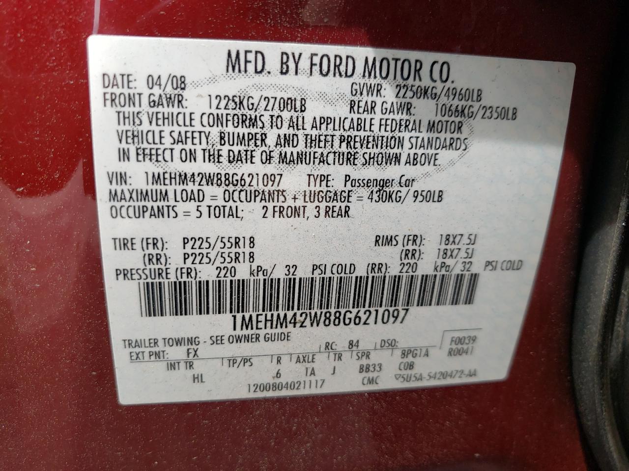 Photo 10 from auction – 2008 MERCURY SABLE PREM with VIN 1MEHM42W88G621097