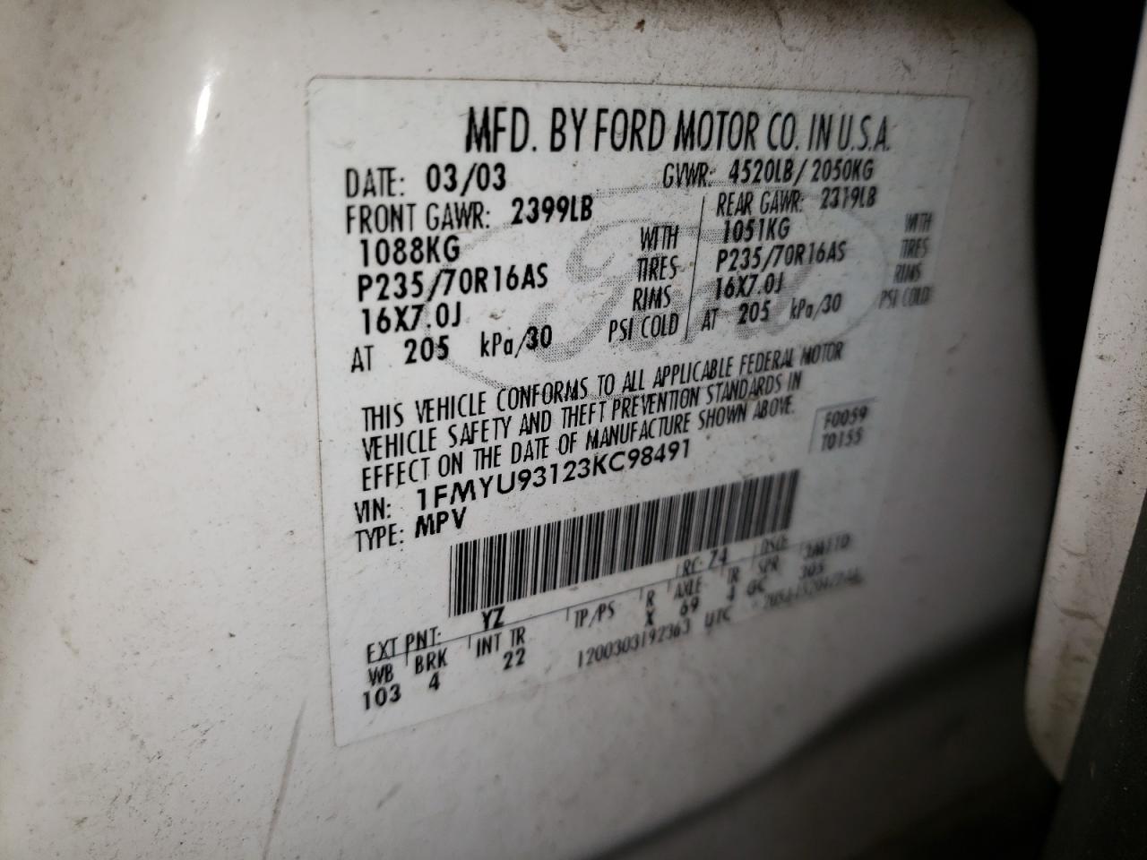 Photo 10 from auction – 2003 FORD ESCAPE XLT with VIN 1FMYU93123KC98491