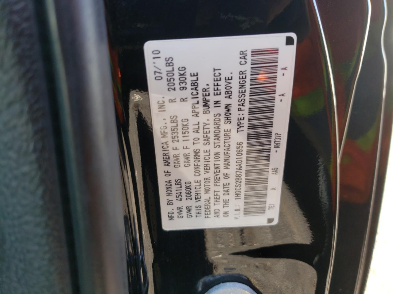 Photo 10 from auction – 2010 HONDA ACCORD EXL with VIN 1HGCS2B87AA010656