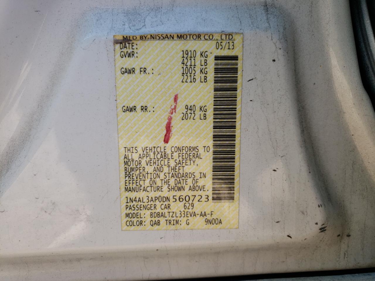 Photo 10 from auction – 2013 NISSAN ALTIMA 2.5 with VIN 1N4AL3AP0DN560723