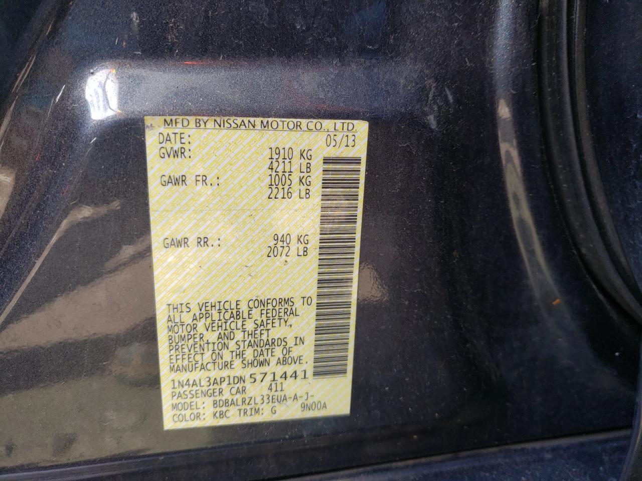 Photo 10 from auction – 2013 NISSAN ALTIMA 2.5 with VIN 1N4AL3AP1DN571441