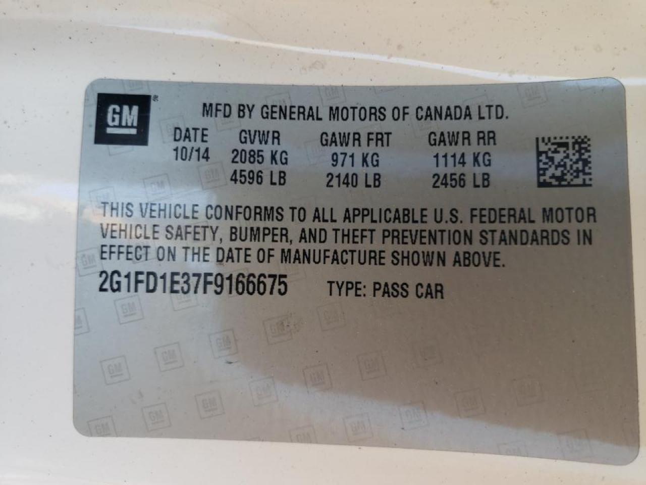 Photo 10 from auction – 2015 CHEVROLET CAMARO LT with VIN 2G1FD1E37F9166675