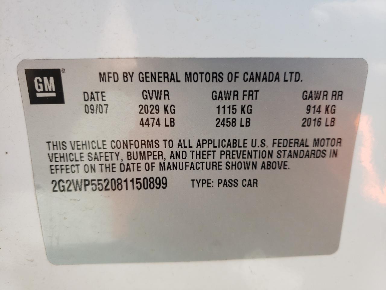 Photo 10 from auction – 2008 PONTIAC GRAND PRIX with VIN 2G2WP552081150899