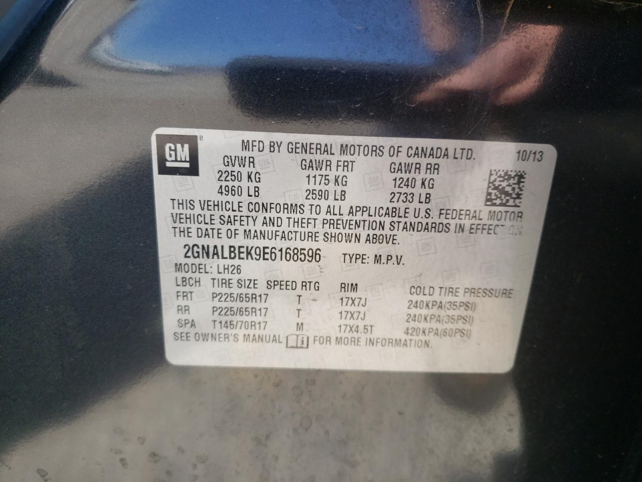 Photo 10 from auction – 2014 CHEVROLET EQUINOX LT with VIN 2GNALBEK9E6168596