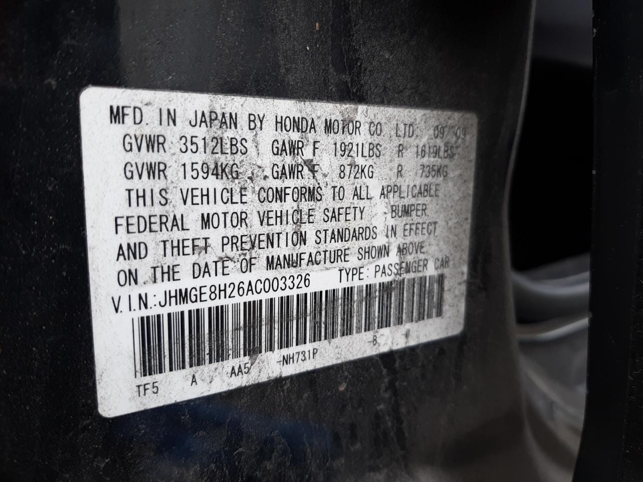 Photo 10 from auction – 2010 HONDA FIT with VIN JHMGE8H26AC003326