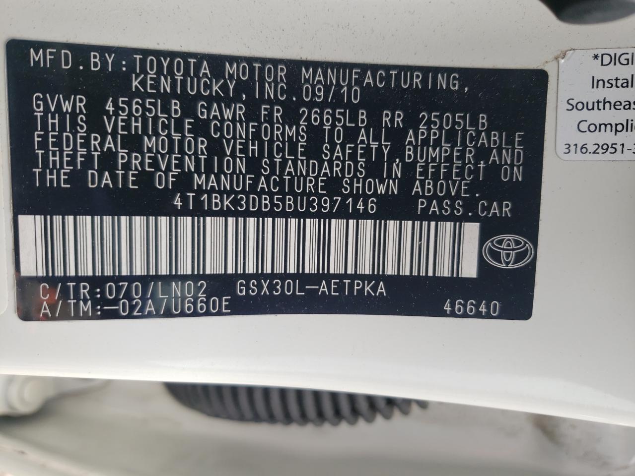 Photo 10 from auction – 2011 TOYOTA AVALON BAS with VIN 4T1BK3DB5BU397146