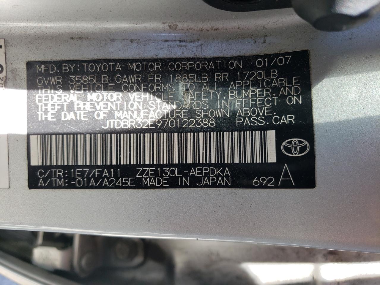 Photo 10 from auction – 2007 TOYOTA COROLLA CE with VIN JTDBR32E970122388