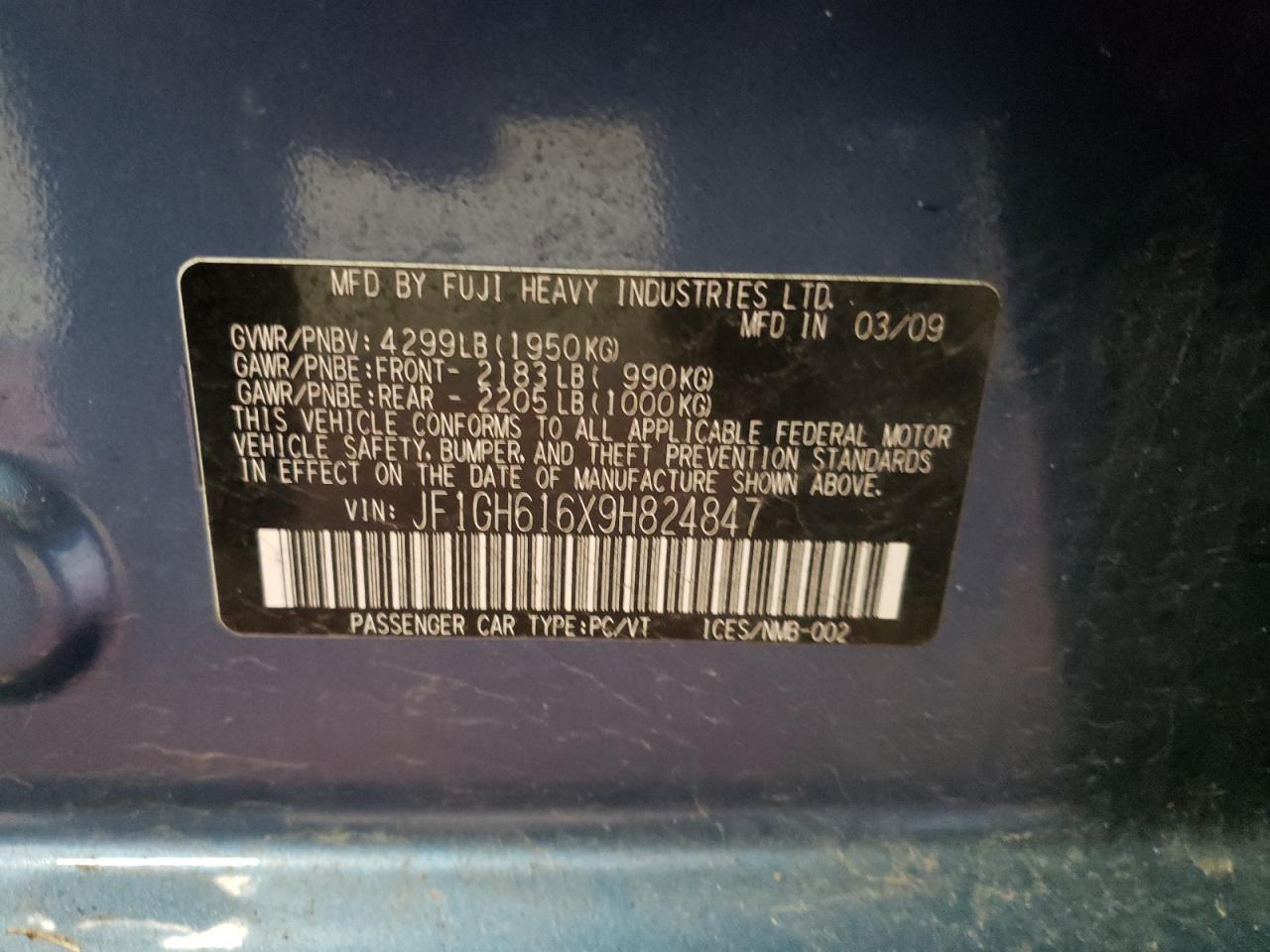 Photo 10 from auction – 2009 SUBARU IMPREZA 2. with VIN JF1GH616X9H824847
