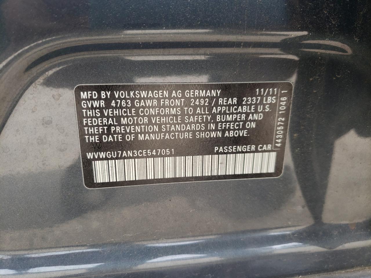 Photo 10 from auction – 2012 VOLKSWAGEN CC VR6 4MO with VIN WVWGU7AN3CE547051