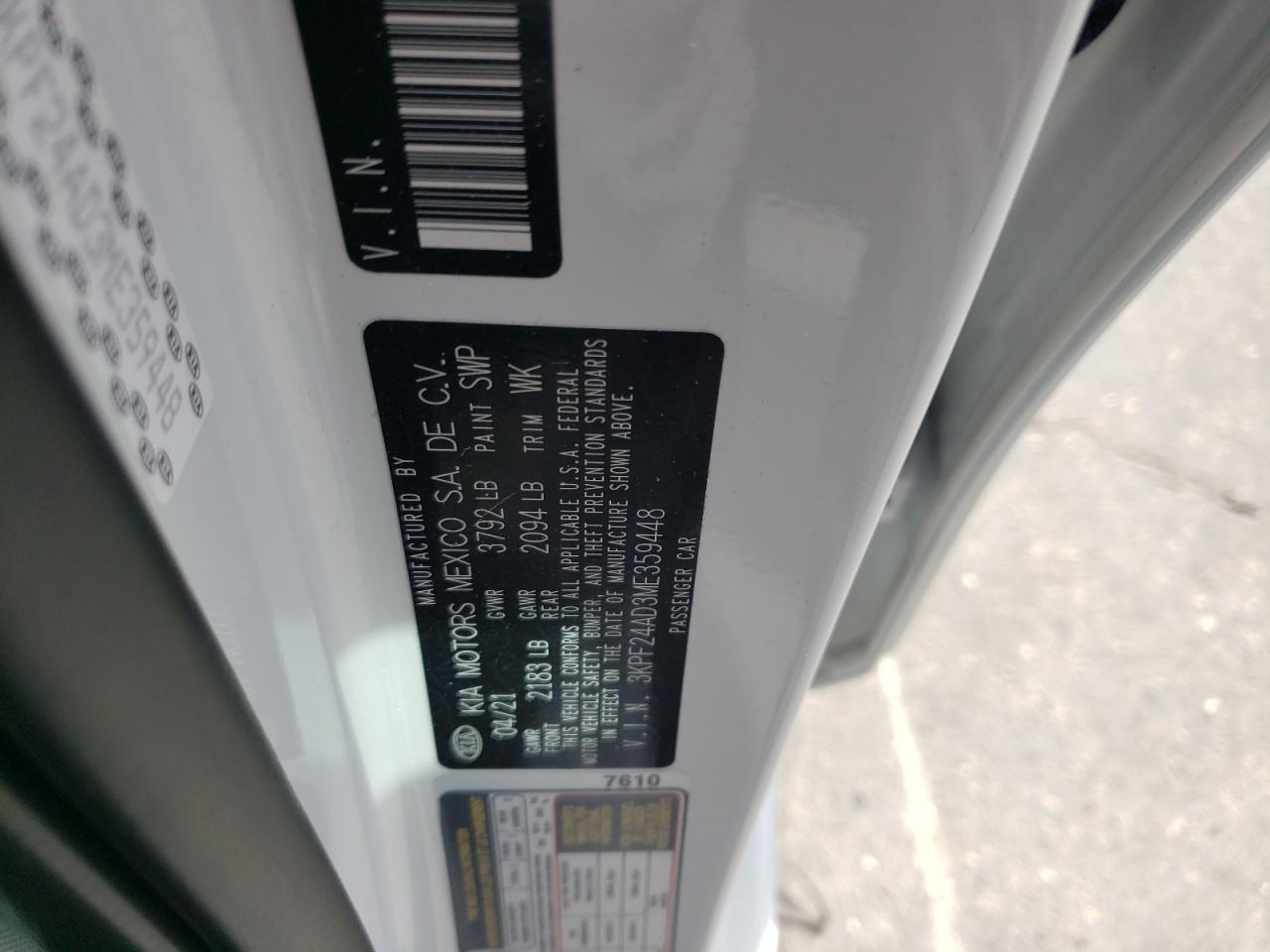 Photo 10 from auction – 2021 KIA FORTE FE with VIN 3KPF24AD3ME359448