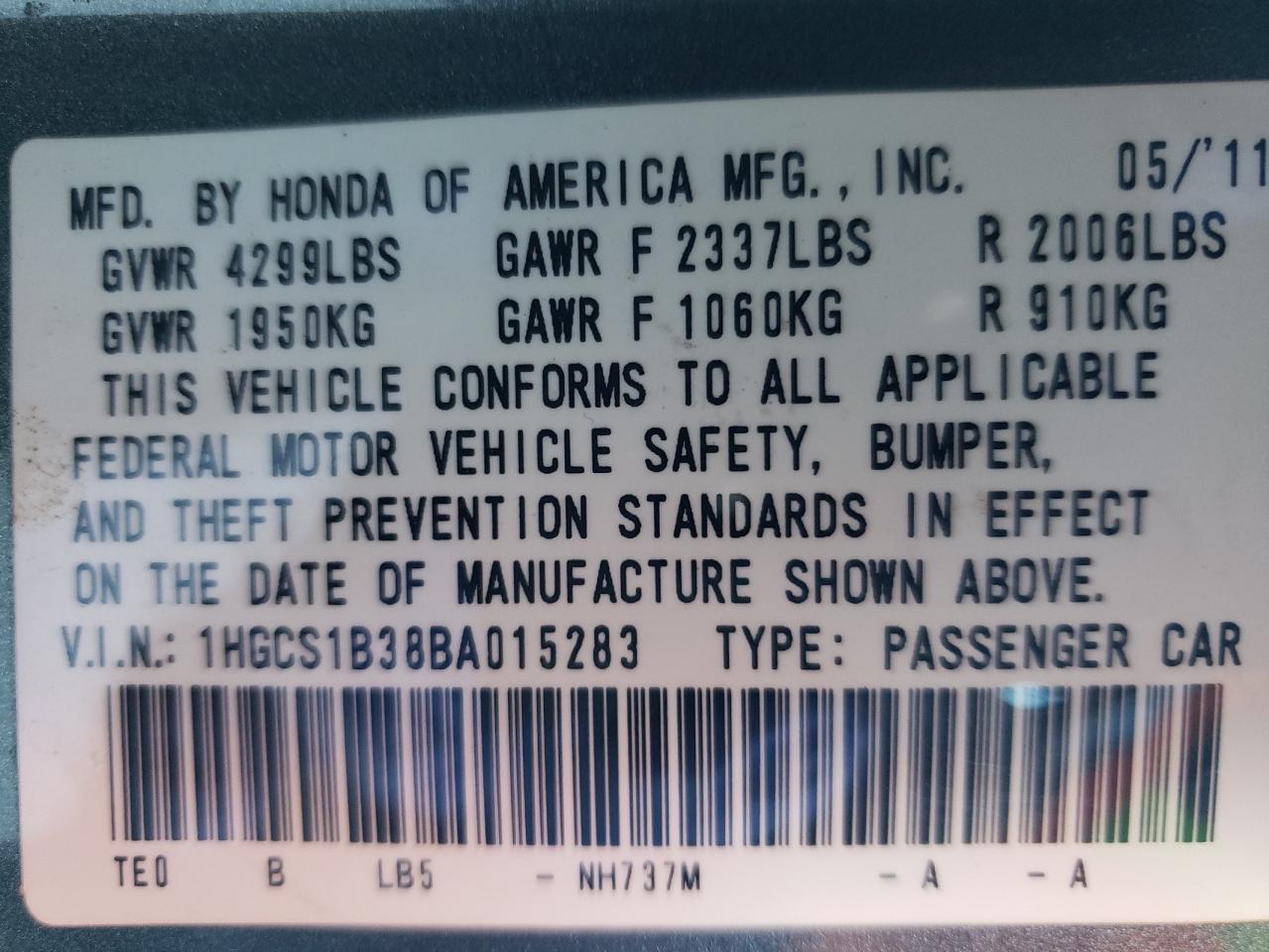 Photo 10 from auction – 2011 HONDA ACCORD LX- with VIN 1HGCS1B38BA015283