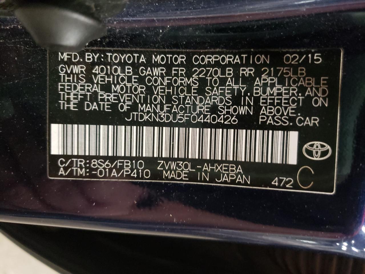 Photo 10 from auction – 2015 TOYOTA PRIUS with VIN JTDKN3DU5F0440426