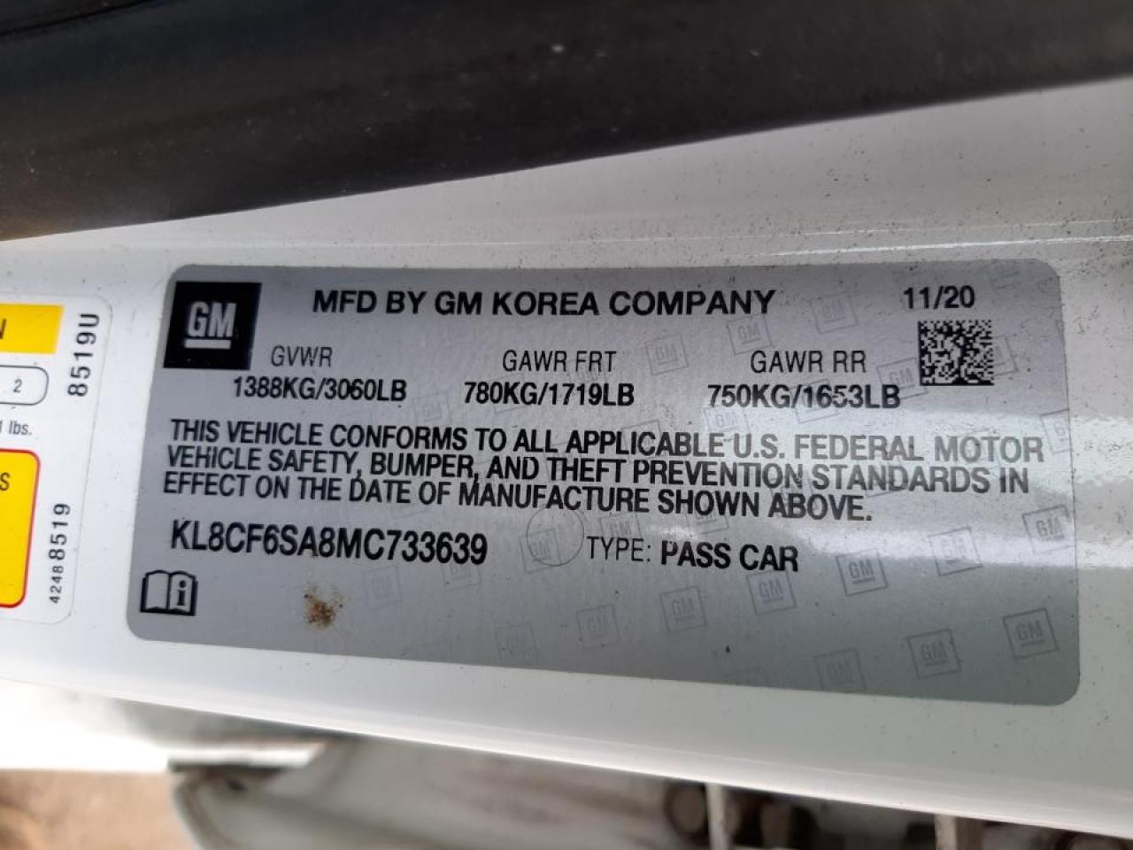 Photo 10 from auction – 2021 CHEVROLET SPARK 2LT with VIN KL8CF6SA8MC733639
