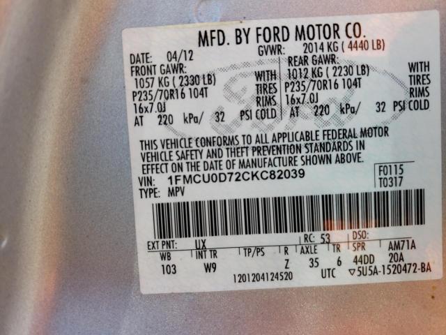 Photo 10 from auction – 2012 FORD ESCAPE XLT with VIN 1FMCU0D72CKC82039